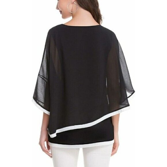 S.CHARMA BLACK BATWING SLEEVE IRREGULAR HEM CHIFFON BLOUSE TOP SZ XL - Picture 2 of 8